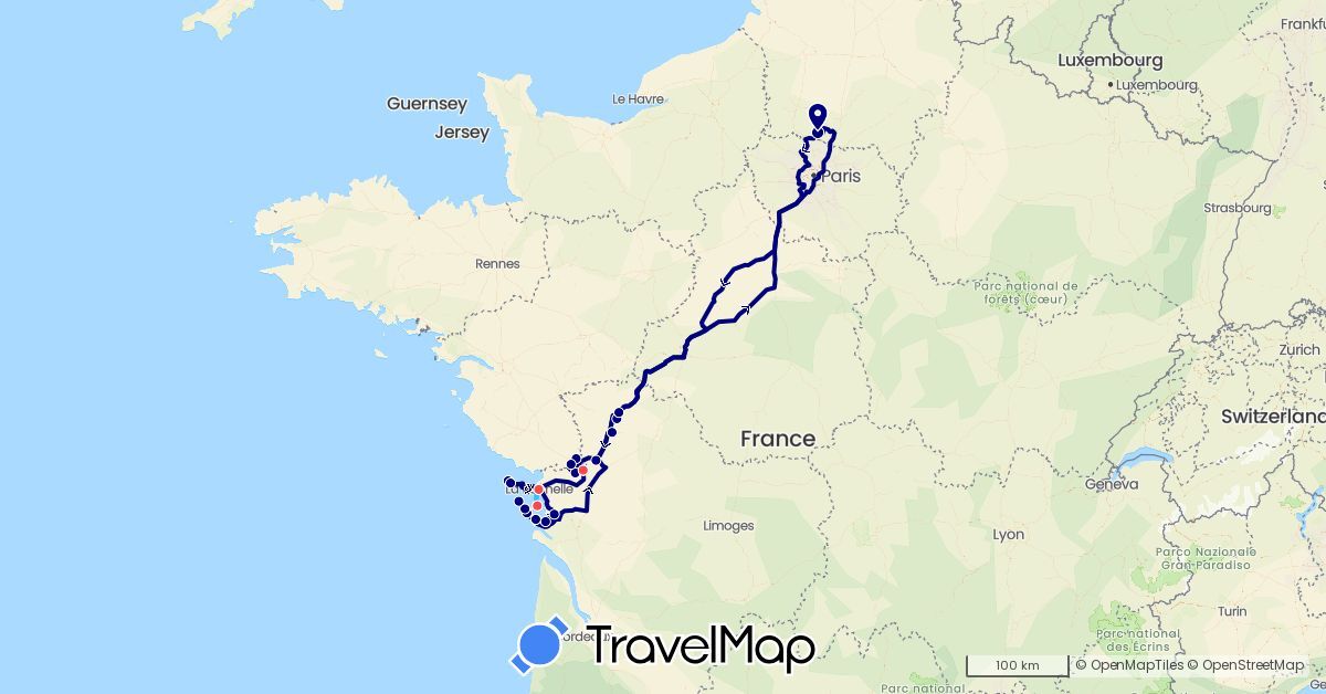 TravelMap itinerary: driving, hiking, boat in France (Europe)