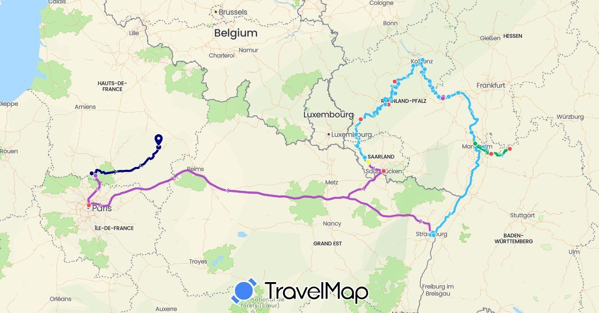 TravelMap itinerary: driving, bus, train, hiking, boat, taxi in Germany, France (Europe)