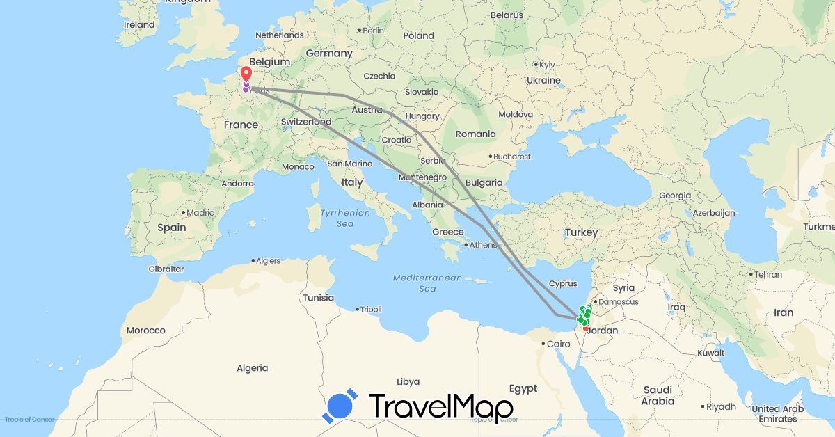 TravelMap itinerary: driving, bus, plane, train, hiking, boat, téléphérique in France, Israel, Palestinian Territories (Asia, Europe)