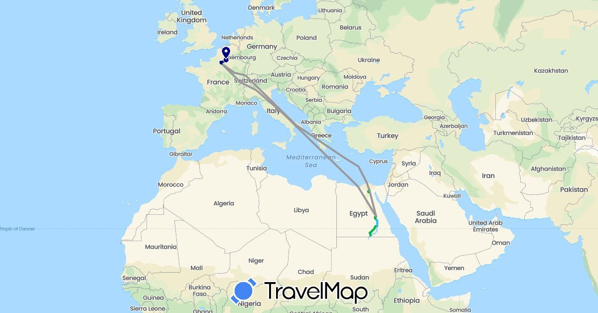TravelMap itinerary: driving, bus, plane, hiking, boat, calèche in Egypt, France (Africa, Europe)