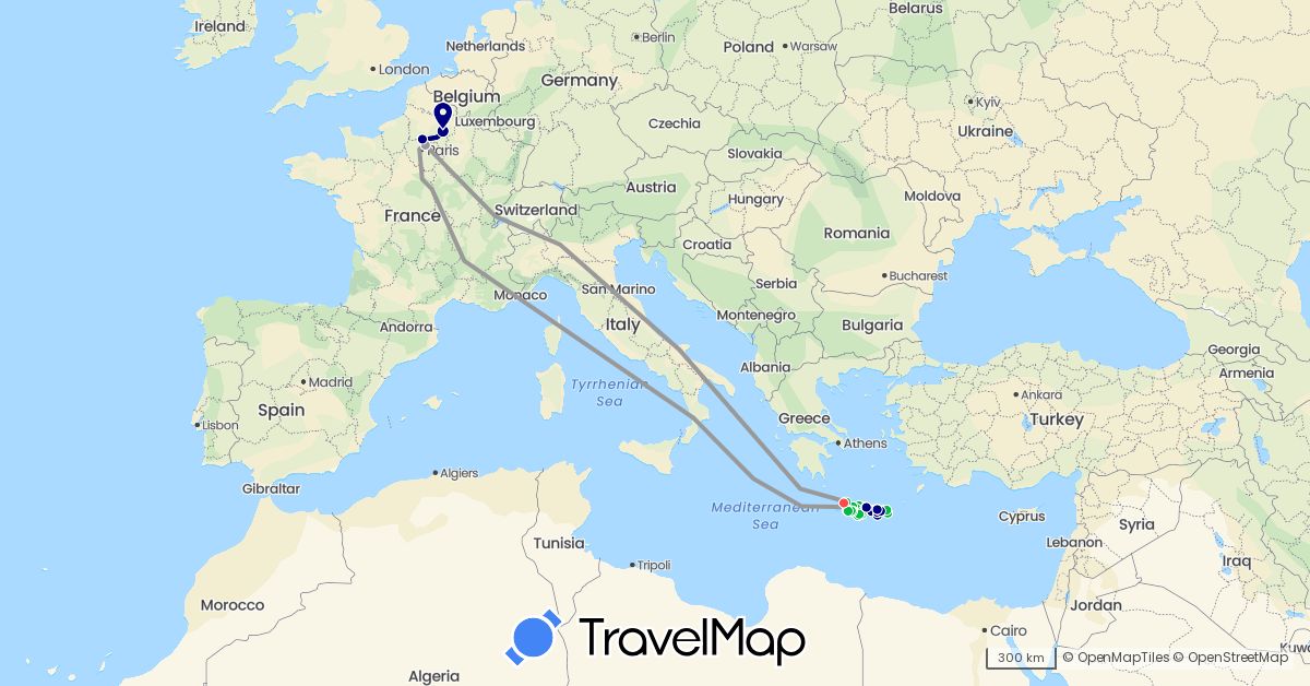 TravelMap itinerary: driving, bus, plane, hiking in France, Greece (Europe)