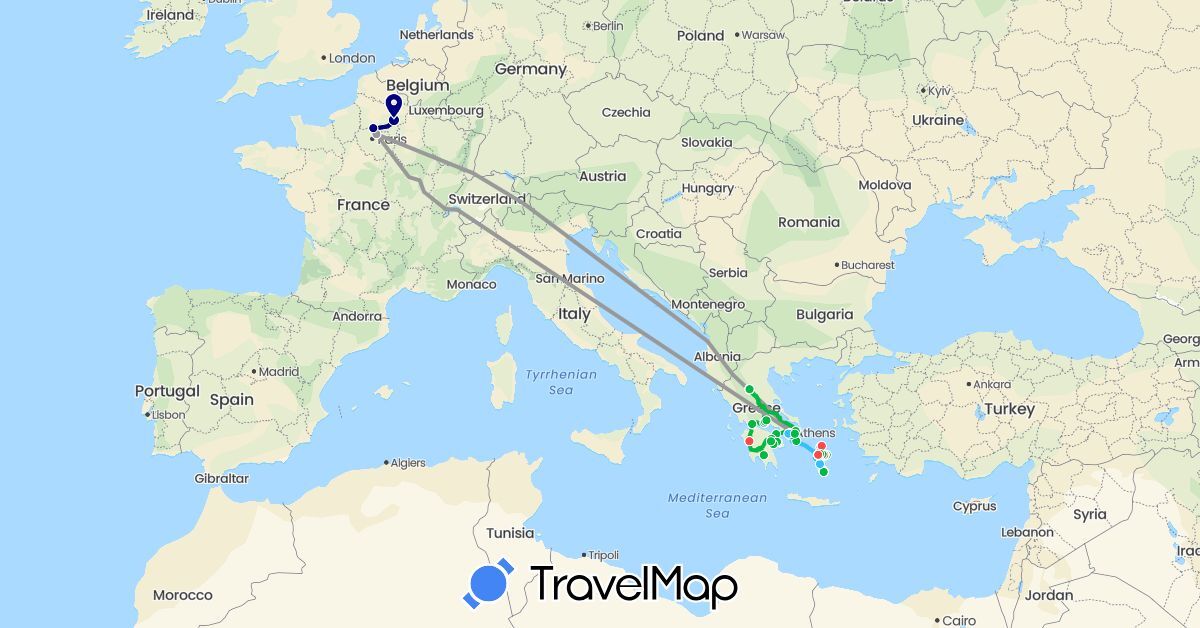 TravelMap itinerary: driving, bus, plane, hiking, boat in France, Greece (Europe)