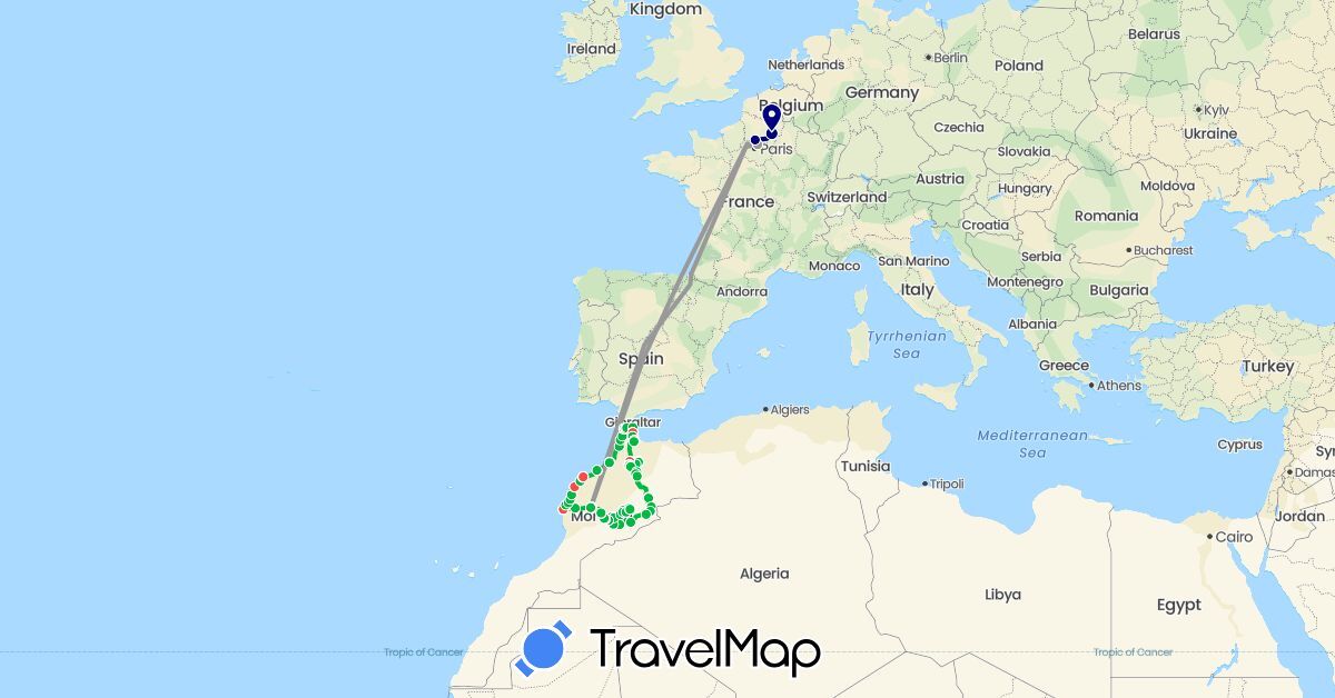 TravelMap itinerary: driving, bus, plane, hiking in France, Morocco (Africa, Europe)