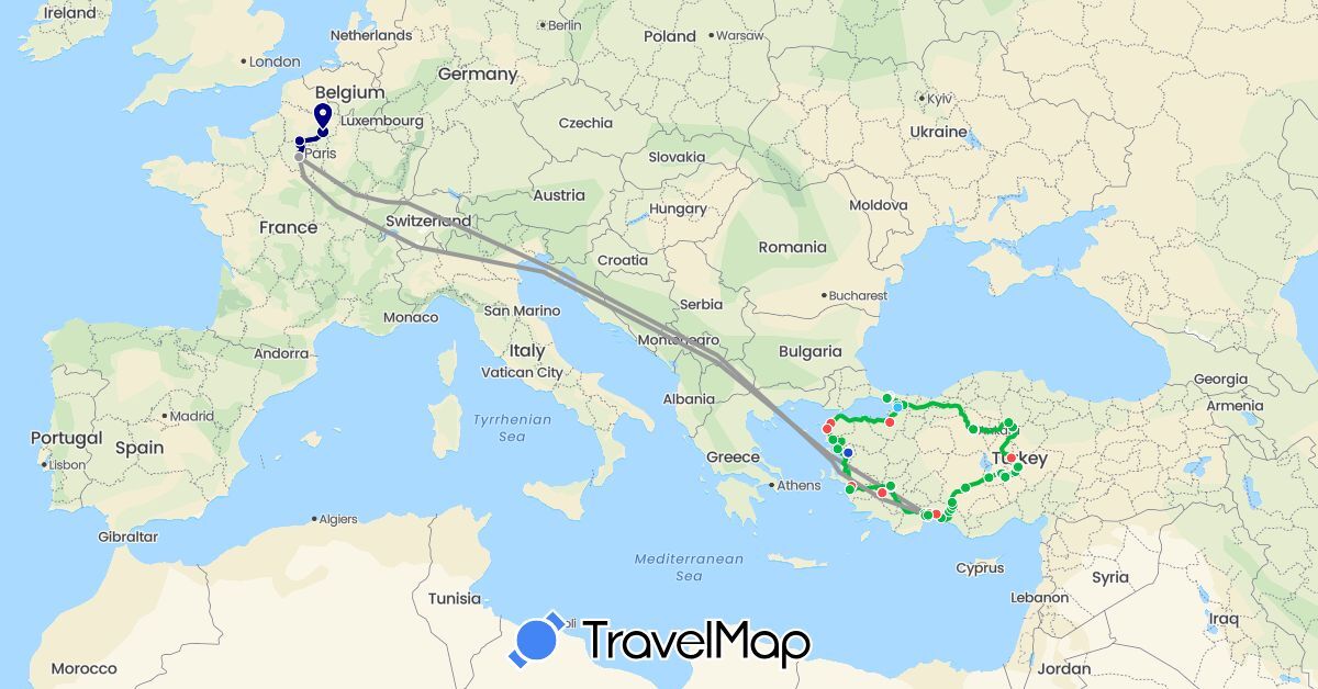 TravelMap itinerary: driving, bus, plane, hiking, boat, téléphérique in France, Turkey (Asia, Europe)