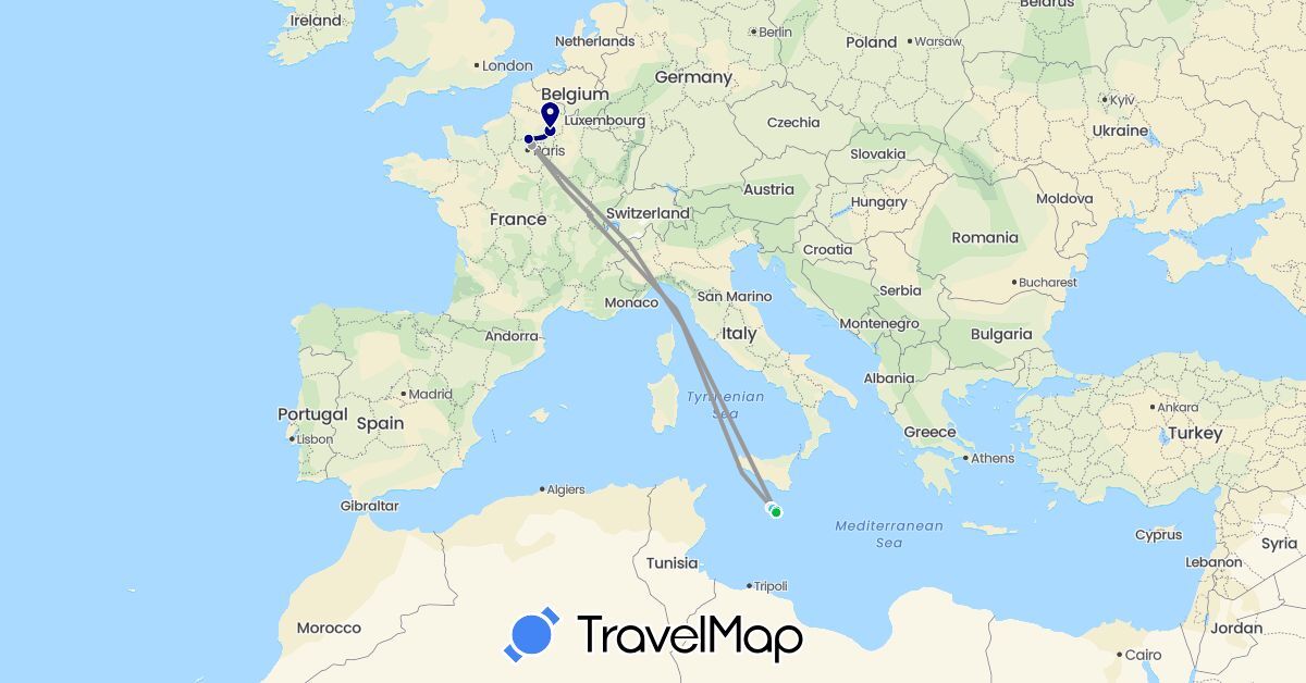 TravelMap itinerary: driving, bus, plane, hiking, boat in France, Malta (Europe)