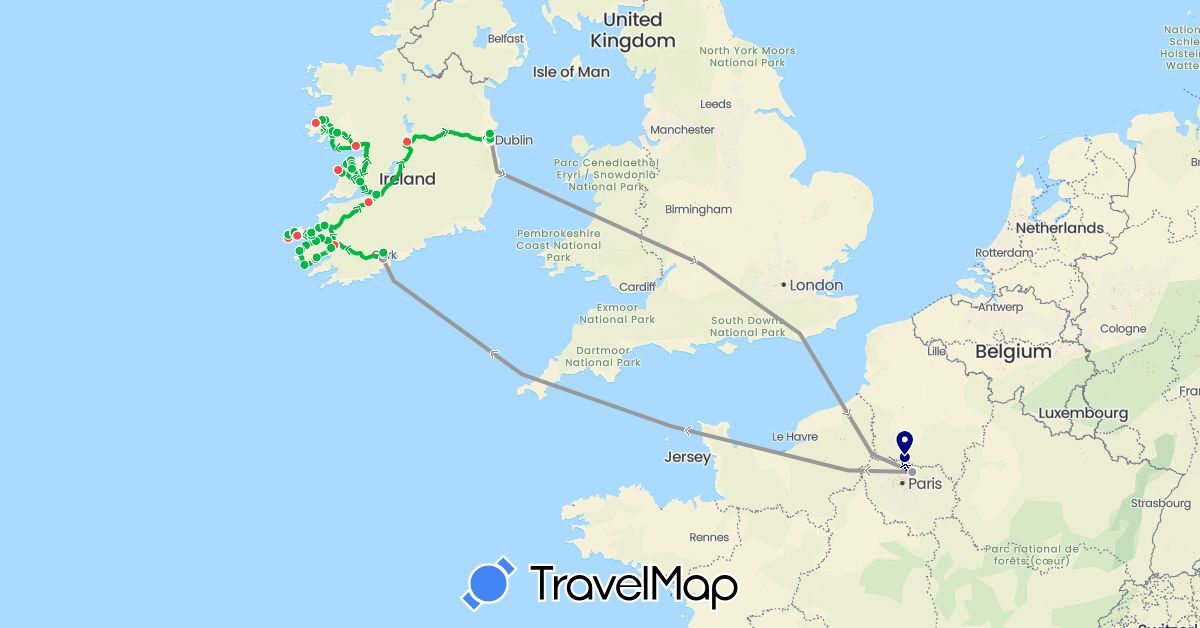 TravelMap itinerary: driving, bus, plane, hiking in France, Ireland (Europe)