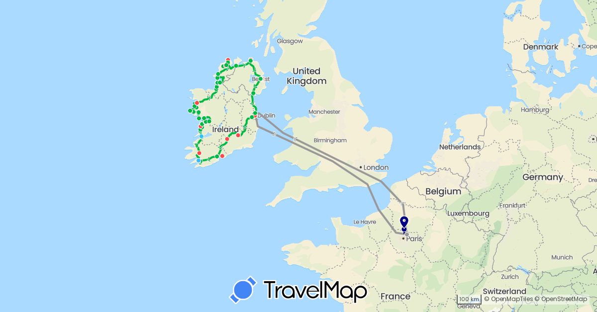 TravelMap itinerary: driving, bus, plane, hiking, boat in France, United Kingdom, Ireland (Europe)