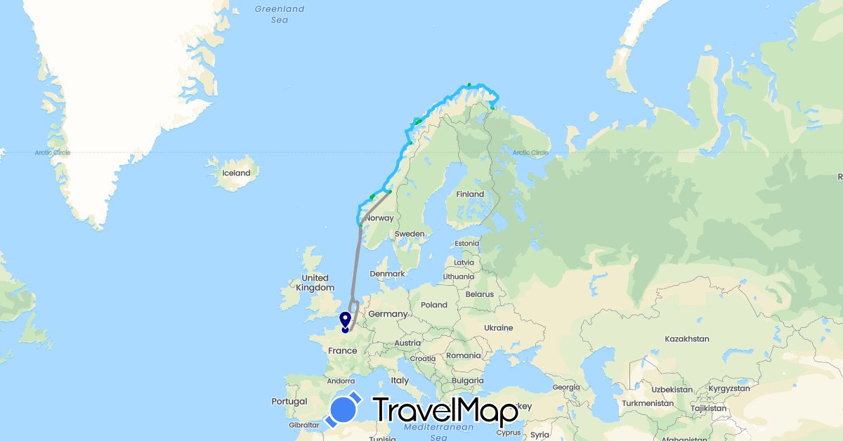 TravelMap itinerary: driving, bus, plane, hiking, boat, téléphérique in France, Netherlands, Norway (Europe)