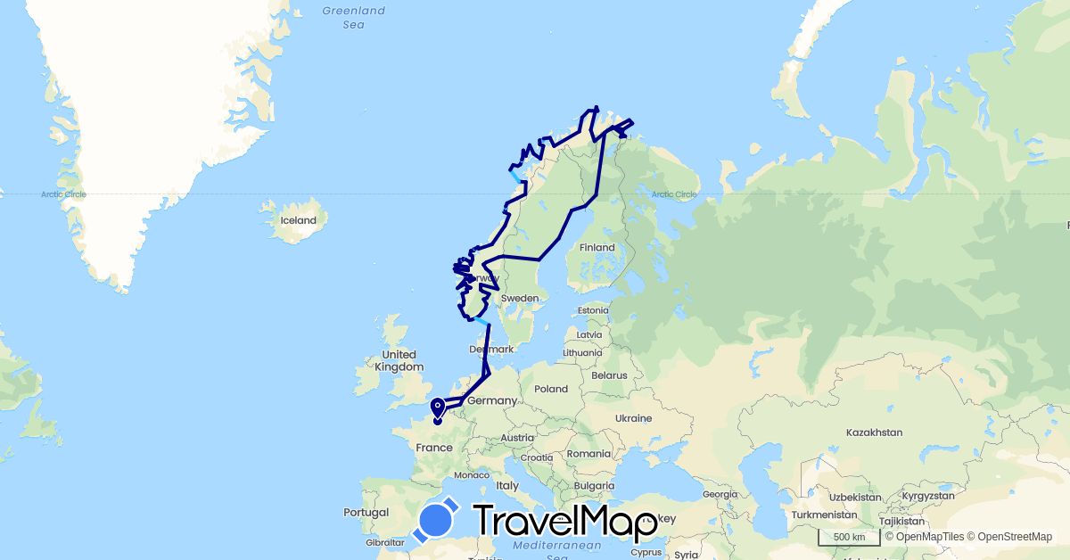 TravelMap itinerary: driving, boat in Belgium, Germany, Denmark, Finland, France, Norway, Sweden (Europe)